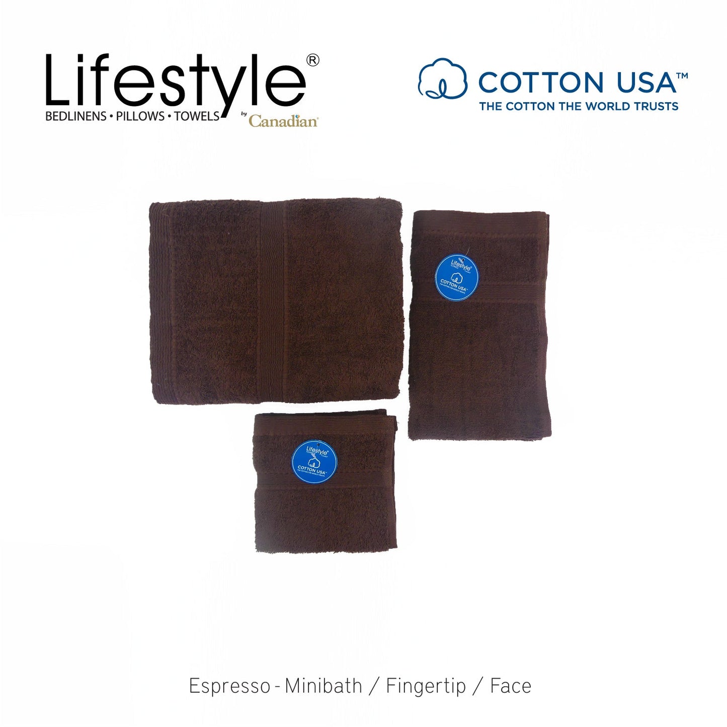 USA COTTON TOWEL Mini Bath Set 22X44inch (1pc Mini bath, 1pc fingertip,1pc face Towel)  #1111 Lifestyle by Canadian